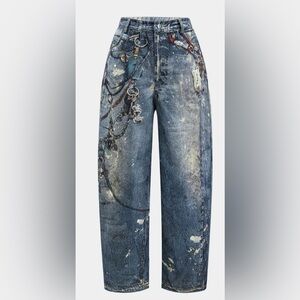 Micas Blue Denim Jeans barrel legs with Chain Print size XL BNWT